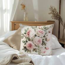 1 pieza Funda de cojín decorativo grande con estampado de rosa rosa, material de terciopelo durazno, impresión de un solo lado, 45*45cm, adecuado para sala de estar, dormitorio, sofá, uso en el hogar, regalo