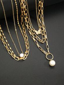 7pcs Set Elegant Vintage Stylish Pearls Crystal Rhinestone Heart Geometric Vertical Stripe Chain Minimalist Metal Pendant Multilayer Necklace, Fashion Jewelry Gift Set For Holiday Party Date Daily Wear - Yellow Gold - View 4