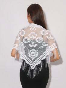 1pc Ladies Black & White Lace Flower Tassel Sheer Triangle Scarf, Breathable Shawl For Spring, Summer, Autumn, Fashion & Elegant For Party - A - View 1