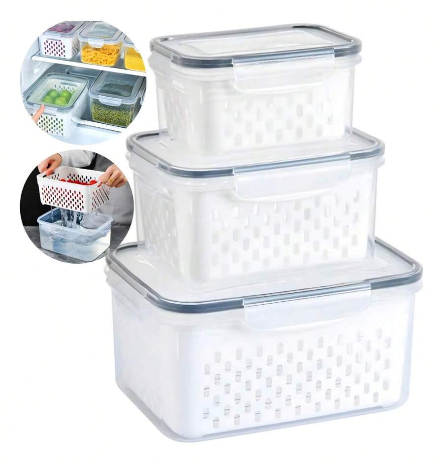 Airtight Refrigerator Storage Jars With Drain And Lid - 4 Piece Set - Kit con 3 macetas - Ver 1