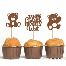 12/24 Stücke "Wir können es kaum erwarten" Thema Cupcake Topper, Glitzer Bär Cupcake Picks, geeignet für Gender Reveal Thema Geburtstagsparty Kuchen Dekoration, Braun - Verschiedenfarbig - Übersicht 3