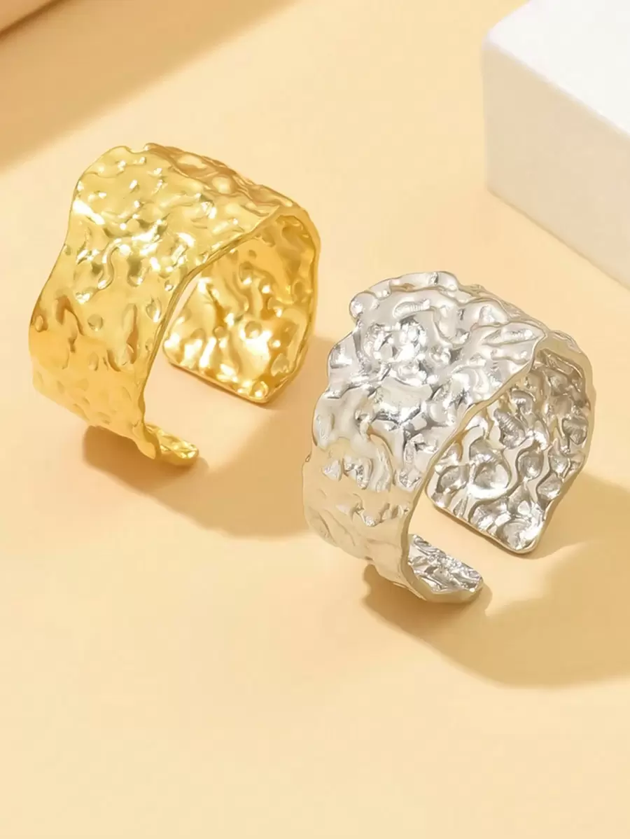 1pc Vintage Wide Asymmetrical Hammer Pattern Stainless Steel Ring, Personalized Exaggerated Texture 18K Gold Plated Accessories For Women, Daily Wear - Silver - View 1