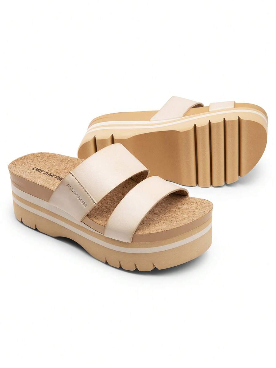 Women Vacation 1.96-Inch Platform Slides Sandals Deep Heel Cup Comfortable Arch Support Footbed Two Strap EVA Sole Beach Fashion Wedge Sandals Slippers Shoes - 米色 - 查看 1