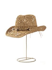 1pc Shell Decor Bohemian Style Beaded UV-Protection Straw Panama Hat, Handmade Versatile Beach Hat, Suitable For All Seasons - White - View 3