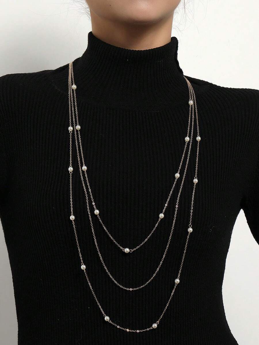 Fashionable And Elegant Long Autumn And Winter Elegant Faux Pearl Layered Women's Necklace, Geometric Sweater Chain Necklace