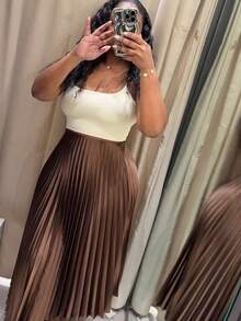 Women's Pleated Skirt Summer Brown Ruffle Skirt Cylinder Pleats Mid Waist Midi Skirt - Cà phê nâu - Xem 2