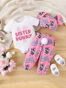 Baby Girls Easter Outfits Bunny Ear Letter Print Short Sleeve Rompers Easter Eggs Print Long Pants Hat 3Pcs Clothes Set Cool Girl - Hồng - Xem 2
