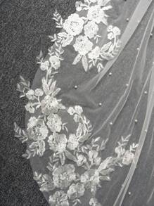 1 Pc Pearl Fingertip Length 37.4inch(95cm) Lace Floral Wedding Bridal Veil With Metal Comb For Wedding Party White Ivory