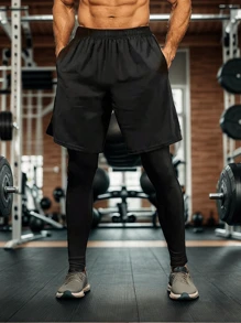 Conjunto deportivo hombre de pantalones cortos y capa base ajustada, pantalon deportiva correr compresión con short 2 en 1, para correr/baloncesto/fútbol/fitness, para primavera/verano - Negro - Ver 4