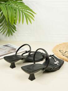 经典时尚新款女士休闲系带闪光蝴蝶和珍珠装饰小猫跟凉鞋 - 黑色 - 查看 7