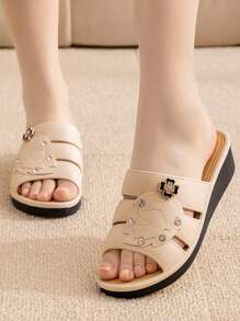 Wedge Platform Slip-On Sandals For Teens And Students, Leaf & Rhinestone Design, Paired With Floral Thick Bottom Mary Jane Shoes