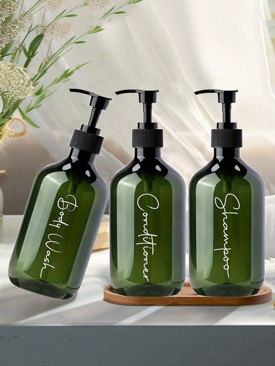 3pcs 500ml Shampoo And Conditioner Dispenser Set With 3 Waterproof Labels, Empty Shower Gel Dispenser Set, Suitable For Bathroom Home Decor, Autumn Decor, Back To School Decor - Green - View 1