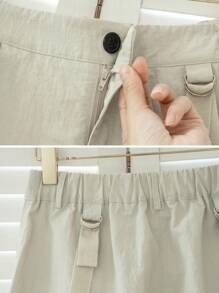 Women's Solid Color Webbing Design Cuffed Casual Utility Pants, Versatile - Light Grey - View 8