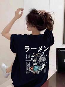 日式女短袖T恤圆领宽松百搭拉面日文印花春夏 - 藏蓝色 - 查看 3