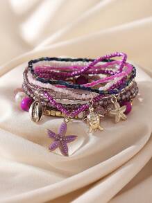 10pcs/Set Bohemian Ocean Style Dolphin, Starfish, Turtle, Shell Beaded Elastic Bracelets, Suitable For Women, Beach Holiday, Personalized Accessories, Holiday Gift