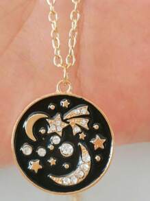 1pc Vintage Metal Coin & Rhinestone Decor Galaxy Pendant Necklace, Suitable For Women, Daily And Party Wear - Gold - View 2