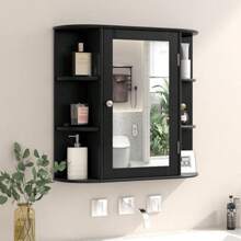 RELAX4LIFE Bathroom Wall Cabinet With Mirror - Medicine Cabinet W/Door 6 Open Shelves And Adjustable Shelves Over The Toilet Storage Cabinet Organizer Mirrored Bathroom Cabinet Wall Mount Black - 黑色1 - 查看 2