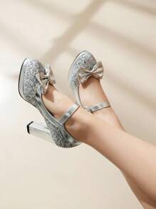 Sparkly Crystal Rhinestone Princess Mary Jane Party High Heel Shoes, Cute Bow Square Toe Thick Strap Pumps For Women