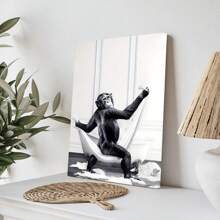 1pc, Canvas Hanging, Framed Decorative Painting, Poster, Wall Art, Monkey Taking Bath Canvas Art Print, Wall Hanging Decoration, Animal Themed Canvas Ink Artwork For Home Office, Bathroom, Living Room - Decorative Art, Modern Vintage Style, Black And White Cartoon Chimpanzee Poster Gifts Birthday Graduation