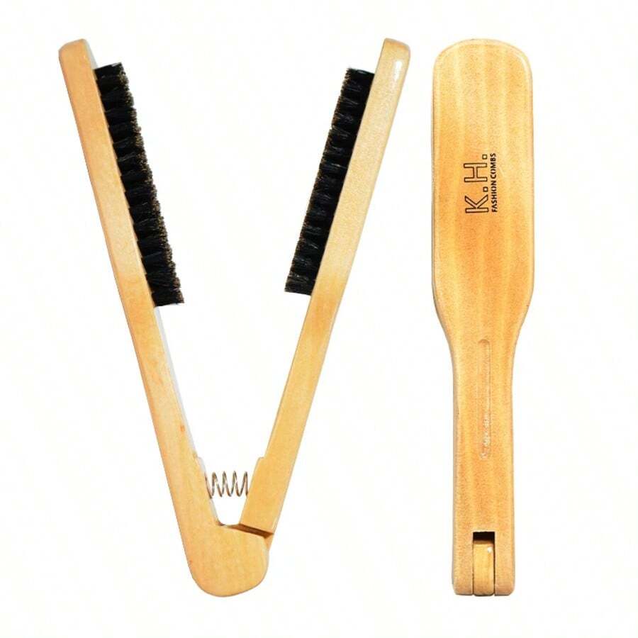 Pro Hairdressing Straightener Hairbrush Nylon Hair Straightening Double Brushes V Shape Comb Clamp Styling Tools DIY - 駝色 - 查看 1