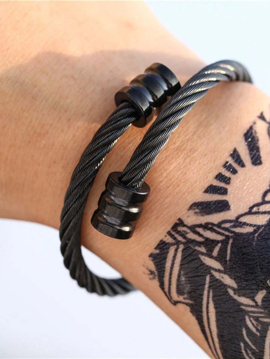 Men's Personalized Stainless Steel Wrapped Wire Rope Geometric Screw Cylindrical Head Bracelet Bracelet 1 - Gun Black - View 1