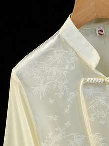 优雅中国风手工青蛙纽扣竹叶熊猫提花荷叶边袖雪纺短袖衬衫束腰外衣，春夏