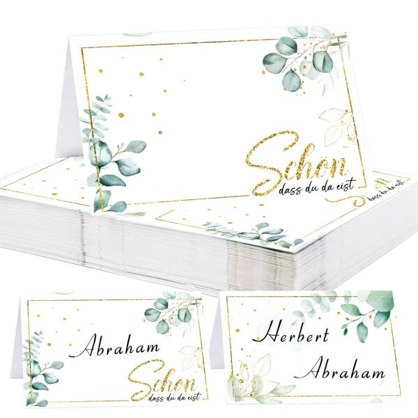 50pcs Elegant Eucalyptus Leaf Design Paper Place Cards, Suitable For Weddings, Birthdays, Baptism - Universal Celebration Table Decorations, Elegant Event Cards: "Glad You're Here" Design, Fit For Weddings, Engagements And Baptisms