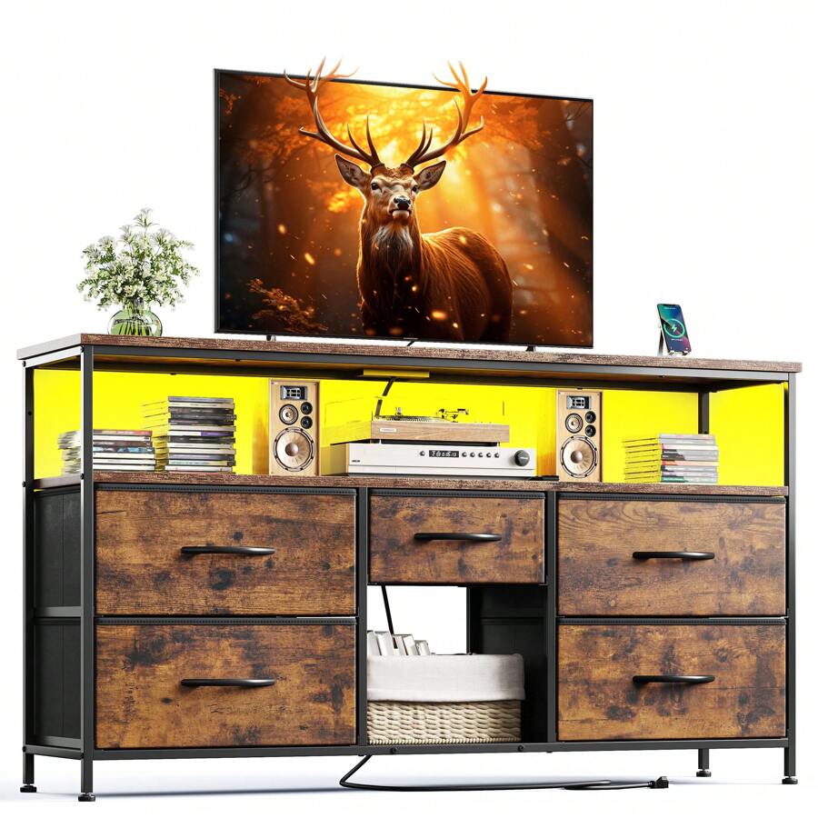 EnHomee TV Stand Dresser With LED Lights For 50" TV Stand For Bedroom With 5 Drawers Wide Dresser For Bedroom Dresser With Shelves For Living Room, Sturdy Metal Frame, Mother's Day Decor, Room Decor, Home Deco - 查看 1