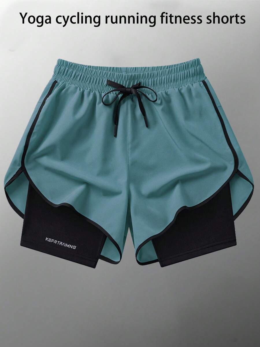 1 件女式夏季弹性腰短裤带裙边衬里，防擦伤跑步裤健身运动服 - 霧霾藍 - 查看 1