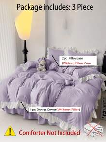 3pcs Purple Ruffled Bedding Set (1 Duvet Cover + 2 Pillowcases), Soft & Comfortable For Bedroom, Guest Room