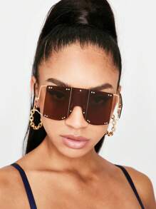 1pc Women's Oversized Flat Top Fashion Glasses, Y2K Square One-Piece Stylish Glasses, Retro Punk Large Frame , Metal Rivet Punk Glasses, Fashionable For Party, Music Festival, Beach, Holiday, Halloween, Summer Beach Vacation, Outdoor Activities, Travel