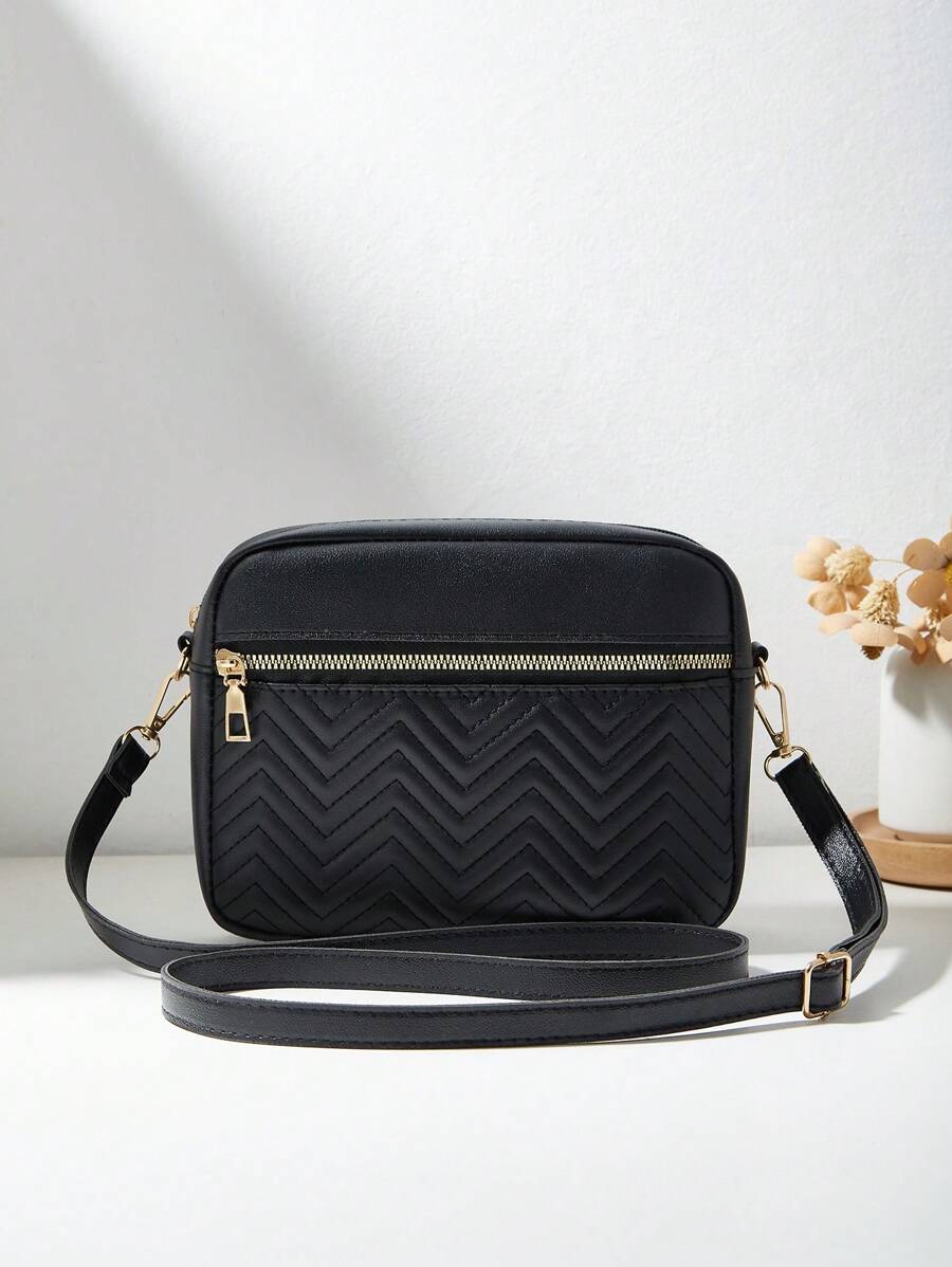 时尚简约菱格多口袋女士绗缝蝴蝶通勤外出旅行休闲小方包单肩斜挎包，女士钱包零钱包学院背包，商务休闲个性礼物 - 黑色 - 查看 1