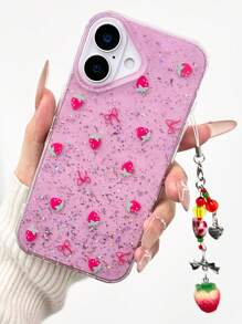 Pink Bow-Knot Strawberry Red Epoxy Glitter Transparent Strawberry Pendant Shock-Proof High-End Protective Phone Case Compatible With IPhone 16/IPhone 15/ XR /IPhone 16 PROMAX/7P 8P/P12 PROMAX/P13 PROMAX/P14 PROMAX /P13/P14/P11/P12/P14, Women Cute Fashionable Thick Soft Phone Cover Case Compatible With XS/S/XSMAX/78GES2