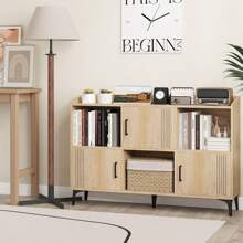 Sideboard Storage Cabinet Bookcase With 3 Doors & Open Compartments - 卡其色 - 查看 8