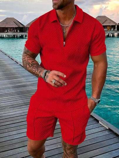 男士时尚休闲套装，拉链式 Polo 衫和短裤，数码印花