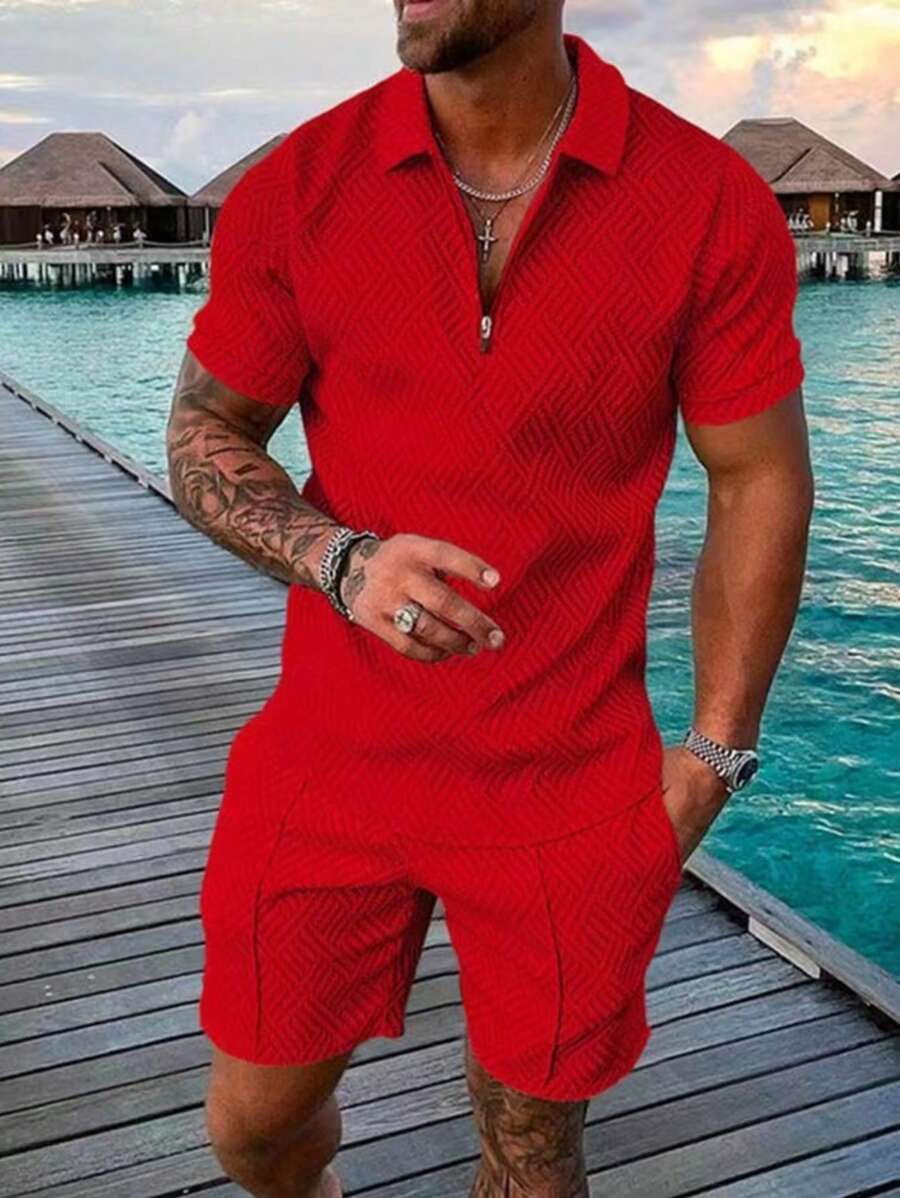 男士时尚休闲套装，拉链式 Polo 衫和短裤，数码印花 - 紅色 - 查看 1