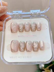 10pcs Pre-Design Polygel Nail Art Tips, Pink Crystal Rhinestones Curved Nail Varnish With Nail Art Designs, UV Light Curing Cat Eye Effect, High-End Brightening Effect Press On Nails