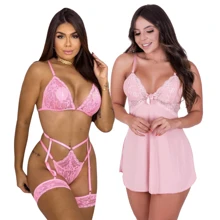 Lace Backless Camisole Kit + Garter Belt Set - 粉色 - 查看 1