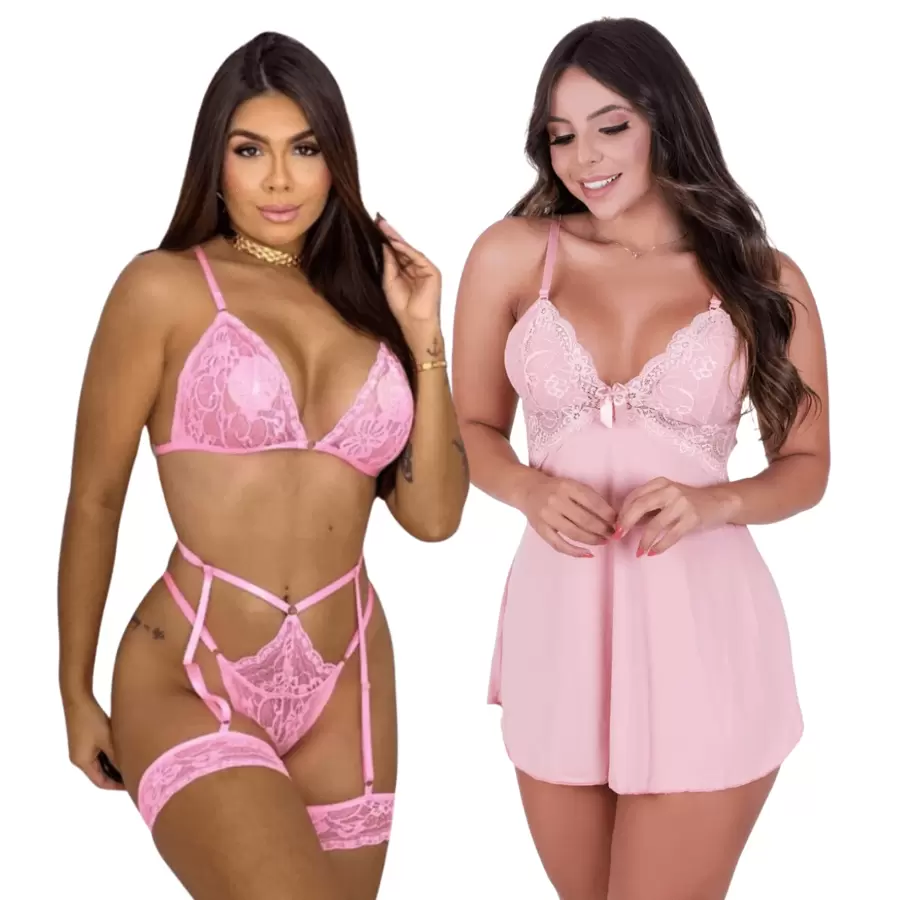 Lace Backless Camisole Kit + Garter Belt Set - 粉色 - 查看 1