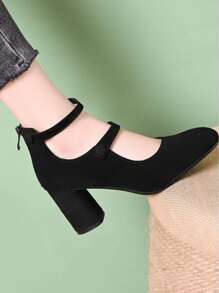 Women's Chunky Heeled Spring Mary Jane Shoes, New Soft Leather Strap Vintage Suede Round Toe Black Slip-On Pumps