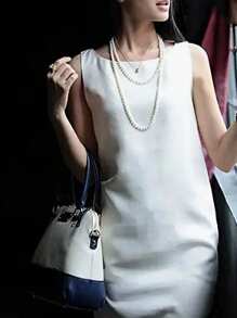 1pc Fashionable Simple Korean Style Faux Pearl Necklace, Multi-Layer Sweater Chain Choker, Elegant Women Faux Pearl Beaded Knotted Necklace Suitable For Vacation, Casual Occasions, Parties