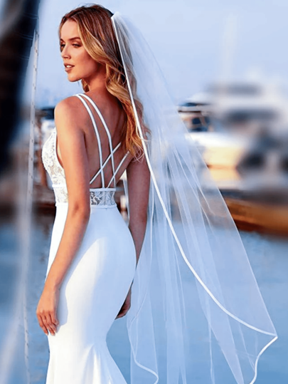 1 pieza Velo de novia de catedral con ribete de satén y peine para el cabello, adecuado para bodas, accesorios nupciales, y fotografía. Ropa de otoño para mujeres