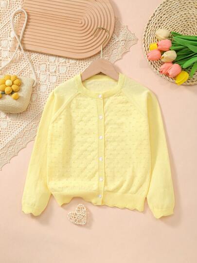 Girls Lightweight Button Hollow Out Knitted Cardigan