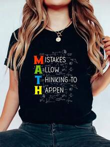 MATH Mistakes Allow Thinking To Happen T-Shirt Print Cotton T-Shirt For Summer, Women's Soft Short Sleeve Top, Stylish Comfy Tee For Women Graphic Tees - 黑色 - 查看 1