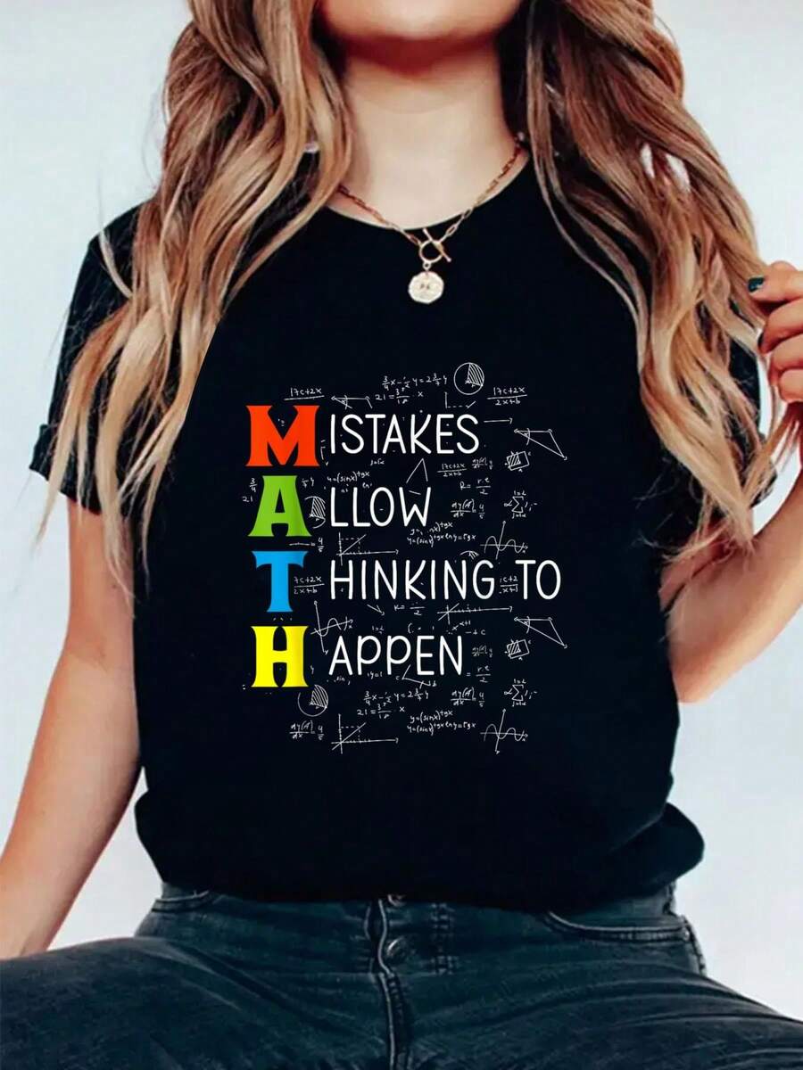 MATH Mistakes Allow Thinking To Happen T-Shirt Print Cotton T-Shirt For Summer, Women's Soft Short Sleeve Top, Stylish Comfy Tee For Women Graphic Tees - 黑色 - 查看 1