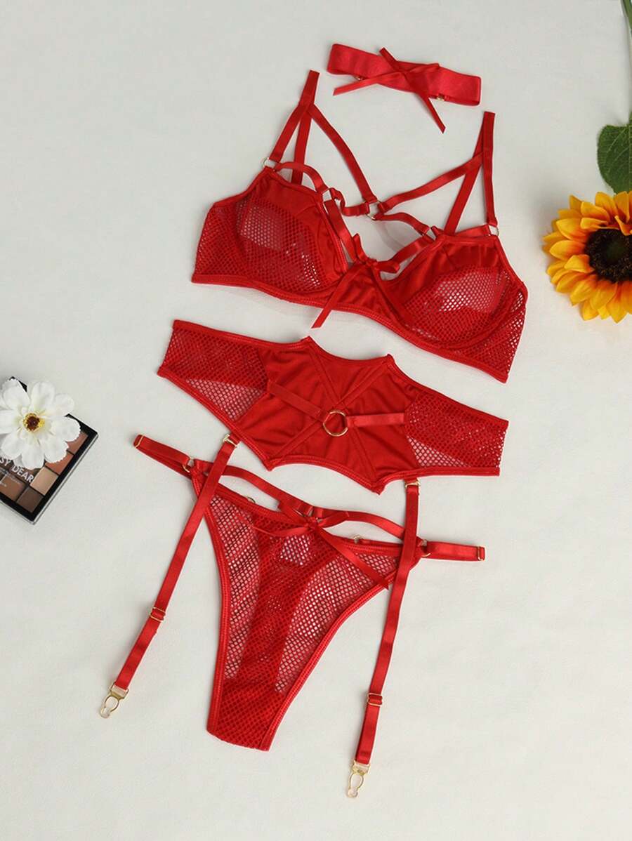 Woman's Lingerie Greener Mesh See Through Garter Bra Set Of 3 - 紅色 - 查看 1