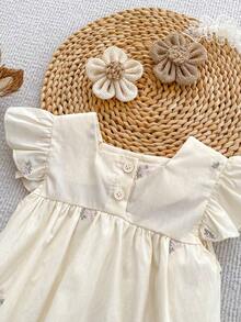 Summer Baby Girls Embroidered Floral Romper With Flutter Sleeves - Apricot - View 7