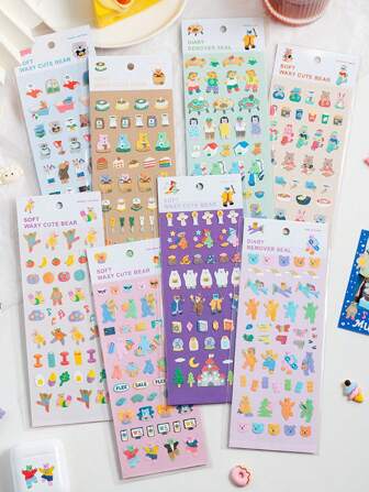 8 Cards Holographic Kawaii Planner Waterproof PVC Stickers, Cartoon Animals Design, Korean Style DIY Stationery Decorative Stickers Back To School