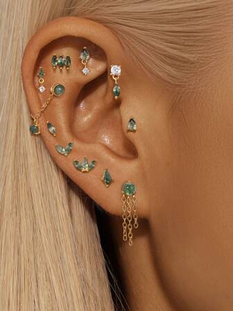 1 件女士天然苔藓玛瑙耳环|925 纯银防过敏珠宝|复古轻质平背软骨耳钉，适合日常佩戴|耳针厚度：1.2 毫米