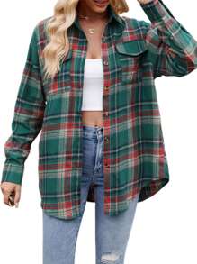 Women's Fall Button Down Shirts With Pockets Plaid Pattern Turn Down Collar Long Sleeve Casual Tops - Green - View 1